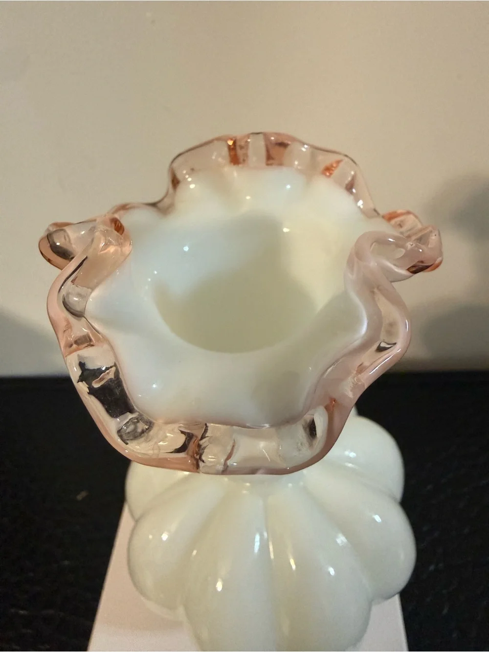 Siver crest Fenton White Milk Glass Vase Pink Interior Ruffled Edge